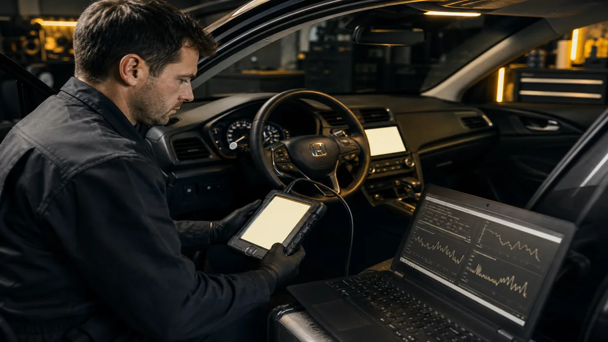 Diagnoseprozess japanisches Fahrzeug — Techniker mit Scan-Tool 1200x675